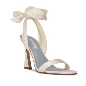 Nine West Kelsie Ankle Wrap Heeled Sandals White Satin